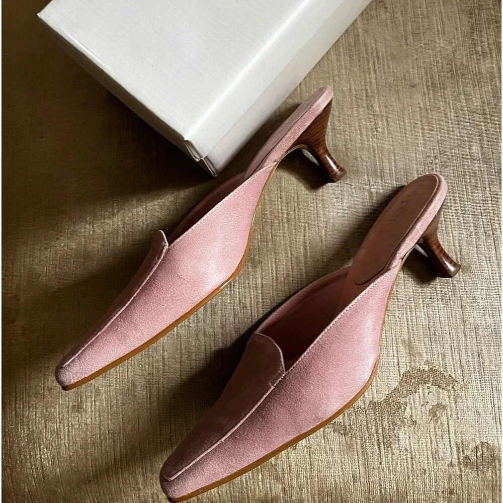 Anne Taylor Loft Kitten Heels Slip on Mules Jade Lt Pink Suede cottagecore 6.5